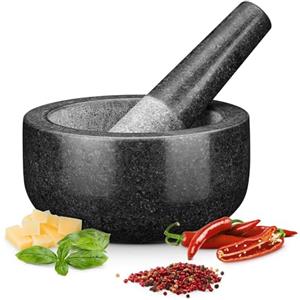 H&S Mortaio con Pestello in Granito - Set in Pietra per Frantumare e Schiacciare Spezie - Pestino per Pesto in Casa - Preparazione Impasti Secchi e Umidi - Formato Grande 16 cm
