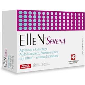 P PharmaSuisse Laboratories Ellen Serena Integratore Alimentare per Donne in Menopausa - a base di Agnocasto, Cimicifuga, Zenzero e Zafferano, con Acido Ialuronico e Zinco - 30 compresse - Prodotto brevettato