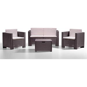 Bica Colorado - Salottino da giardino per 4 persone, Design rattan, Divano 2 posti + 2 Poltrone + Tavolino contenitore, Cuscini inclusi, Marrone