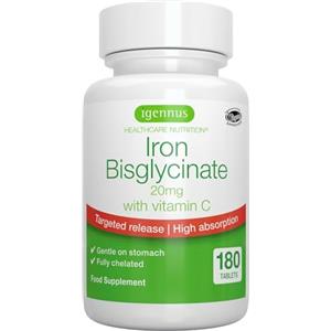 Igennus Healthcare Nutrition Ferro Bisglicinato 20mg con Vitamina C, integratore stanchezza, gentile sullo stomaco e ben tollerato, alto assorbimento con rilascio mirato, 180 compresse vegane