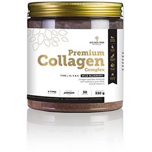 Golden Tree Premium Collagen Complex - Peptidi di collagene di tipo I, III, V e X 4.3 g di collagene a dose con MSM, vitamina C e silice - Polvere di collagene gusto mirtillo senza zuccheri aggiunti