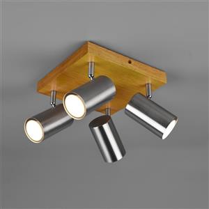 Trio Leuchten Marley Faretti GU10 4 Luci in Metallo Nichel Opaco e Legno Rovere, Testa Orientabile