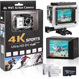 Comius Sharp Action Cam 4K/30fps, 16MP Ultra HD Videocamera, 30m Fotocamera Sott'acqua, WIFI Cam 170°Wide Angle Sports Cam, Action Camera con 1 Scheda SD 64G, 2 Batterie e Kit Accessori (Bianco)