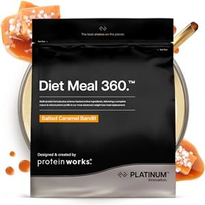 THE PROTEIN WORKS Protein Works | Diet Meal 360 - PLATINUM Innovation, Shake Sostitutivo Pasti Dietetico, Perdita Peso, 26 Vitamine & Minerali, Semi Di Lino, Inulina, Omega‑3, Caramello Salato Intenso, 16 Pasti, 1kg