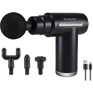 BEPER P302MAS002 Massaggiatore a Percussione Ricaricabile 30W con 4 Testine Intercambiabili e 6 Livelli di Intensità - Nero