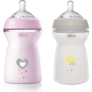 Chicco Biberon Anticolica Natural Feeling, 6 Mesi +, 330 ml, Biberon con Tettarella in Silicone Morbida e Flessibile, Adatto per allattamento misto, Flusso veloce, Rosa e Neutro, 2 Pezzi