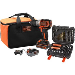 BLACK+DECKER Trapano avvitatore a percussione 18V, motore senza spazzole, mandrino 13mm, LED, 2 batterie, 50 accessori, caricabatterie, borsa, BL188ME2SA-QW
