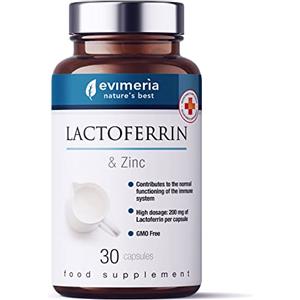 EVIMERIA® Lattoferrina Pura e Zinco integratore alimentare difese immunitarie, favorisce assorbimento del ferro. Antiossidante naturale. No OGM, 30 capsule 200 mg. Integratori trattamento un mese