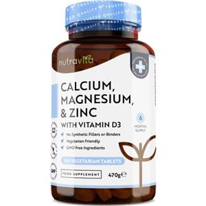 Nutravita Calcio Magnesio Zinco e Vitamina D3 - 365 Compresse Vegetariane - Integratore di Calcio ad Alto Dosaggio - Fornitura per 6 Mesi di Integratore per le Ossa- Prodotto nel Regno Unito da Nutravita