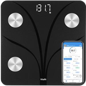 Vitafit Bilancia Pesapersone Impedenziometrica, Pesatura Professionale in Fabbrica dal 2001, App Sync 13 Composizione Corporea Incluso BMI, Grasso Corporeo e Cuscoli, 180kg Nero