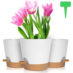 OFFCUP Vasi per Piante Autoirriganti, 3pcs Vasi da Fiori in Plastica, 20cm Vasi Decorativi Interno Moderni con Sottovasi per Casa e Ufficio, Vasi da Fiori per Piante, Erbe, Rose, Geraniums Bianco