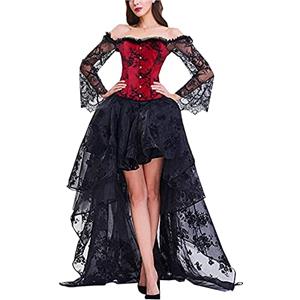 WOXIHUAN Donna Bustino Cocktail Party Corsetto Halloween Body Steampunk Vintage Abito Elegante da Sera in Pizzo Floreale Top Ballo Costume da Strega Donna Abito Manica Lunga Halloween Carnevale