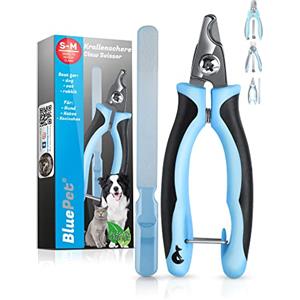 BluePet Forbici per Cani Unghie - Protezione Aggiuntiva Grazie al Distanziatore - per Cani e Gatti di Taglia Media e Grande - Lima Unghie Incluso (Angolato - Blu, S Piccoli Animali)