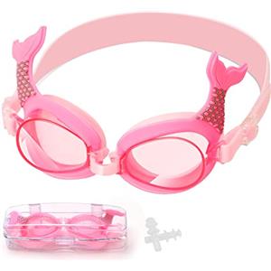 Pwsap Occhialini da Nuoto Anti-Appannamento per Bambini con Tappi per le Orecchie, Occhialini da Nuoto a Coda di Sirena, 180°Occhialini Piscina con Ampie Lenti, Guarnizioni in Silicone Ipoallergenico, 4-14