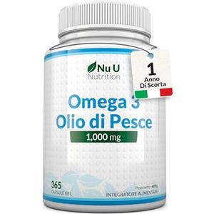 Nu U Nutrition Omega 3 Olio di Pesce 1000mg Alto Dosaggio - 365 Capsule Softgels - 540mg EPA e 360mg DHA per Porzione - Omega3 Senza contaminanti da Pesca Sostenibile - Prodotto in Europa - Nu U Nutrition