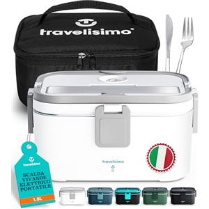 TRAVELISIMO Scaldavivande Elettrico Portatile Extra Grande 1,8L 80W Porta Pranzo Riscaldabile, 220V/12V/24V Scalda Vivande Portatile Elettrico per Auto Camion e Ufficio, Schiscetta Pranzo Riscaldabile