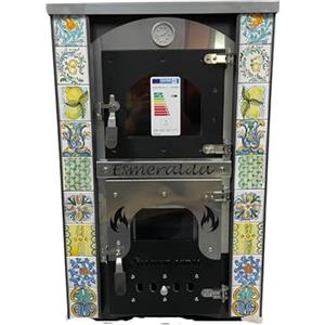 Alfonso Forni Stufa a Legna Con Forno - Esmeralda con Maioliche di Caltagirone - Potenza Riscaldamento 15 Kw, Stufa A Legna Economica In Acciaio Verniciato Antracite, Con Forno In Mattoni Refrattari, Made In Italy