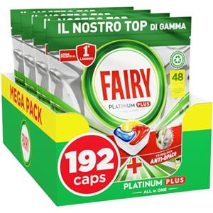 Fairy Platinum Detersivo Pastiglie Lavastoviglie Plus, Brillantante, 192 Capsule Lavastoviglie, Limone, Tecnologia Anti-Opaco, Contro Il Grasso e le Incrostazioni Ostinate Anche Nei Cicli Brevi