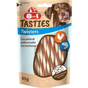 8in1 Tasties Twisters Snack per Cani - Bastoncini Arrotolati di Pollo e Merluzzo, 85 g, Ricchi di Proteine e Senza Glutine