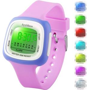 Ayybboo Orologio per Bambini, Orologio Illuminato a 7 Colori,Orologio Digitale per Bambini Impermeabile 3ATM per Bambini e Bambine da 4 a 12 Anni (Viola-1)