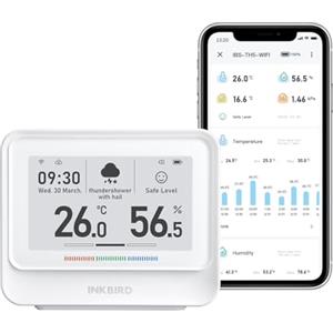 INKBIRD Termometro Igrometro WiFi,IBS-TH5 Sensore Temperatura Wifi,Tempo Reale Meteo e Previsione,E-ink Display,APP Controllo,Notifica di Allarme,Stazione Meteo WiFi per Casa,Ufficio,Cameretta,Serra