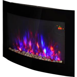 HOMCOM Caminetto Elettrico da Parete con Effetto Fiamma Colorato con Telecomando, in Acciaio Inox e Vetro 65x11.4x52cm Nero