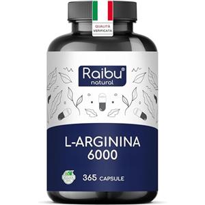 RAIBU L-Arginina - 365 Capsule Vegane - 6000 mg di L Arginina HCL Pura per Dose Giornaliera - Alto Dosaggio, Senza Additivi e Testato in Laboratorio - Naturale Integratore Alimentare