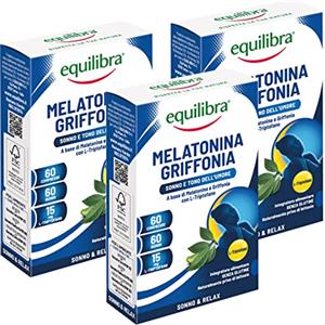 equilibra Integratori Alimentari, Melatonina + Griffonia, Integratore a Base di Melatonina e Griffonia, Contribuisce a Ridurre Tempo di Addormentamento, Favorisce Rilassamento, 3 Pezzi da 60 Compresse