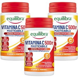Equilibra Integratori Alimentari, Vitamina C 500 mg, Integratore per la Normale Funzione del Sistema Immunitario, Riduce Stanchezza e Affaticamento, Aroma Arancia, 3 Pezzi da 60 Compresse Masticabili