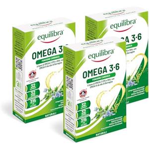 equilibra Integratori Alimentari, Omega 3-6, Integratore con EPA e DHA, per la Normale Funzione Cardiaca e Cerebrale, per la Capacità Visiva Normale, 3 Pezzi da 32 Capsule