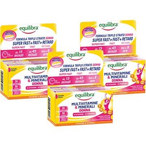 equilibra Integratori Alimentari, Multivitamine & Minerali Donna, Integratore Tripla Azione di Magnesio, Ferro, Acido Folico e Vitamina C, Senza Glutine, 3 Pezzi da 30 Compresse Triplo Strato