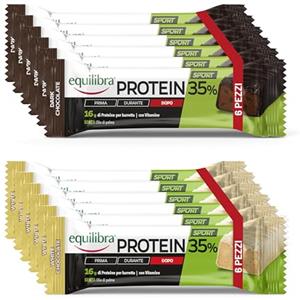 Equilibra, Alimenti Proteici, Barrette Proteiche, 35% Proteine, 12x45g, Dark e White Chocolate, con 16g di Proteine, Mantenimento della Massa Muscolare, con Vitamine C, B1, B2, B6, Senza Olio di Palma