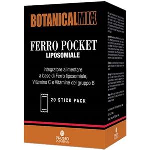 Promopharma Ferro Pocket Botanical - Integratore Alimentare con Ferro Liposomiale, Vitamina C e Vitamine del Gruppo B, 20 Stick