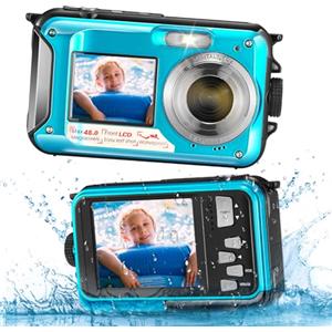 SenDeluz Macchina Fotografica Subacquea, Zoom Digitale 16X, Fotocamera Full HD 2.7K 48MP, Impermeabile 10 Piedi, Doppio Schermo