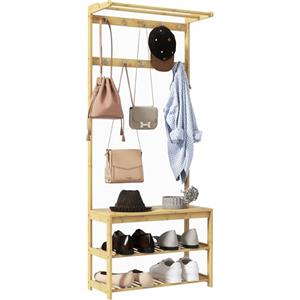 HOMCOM Mobile Appendiabiti 3 in 1 a Doghe con 10 Ganci, 2 Aste e Panca Scarpiera, Appendiabiti da Terra in Bambù, 70x31x170 cm, Marrone