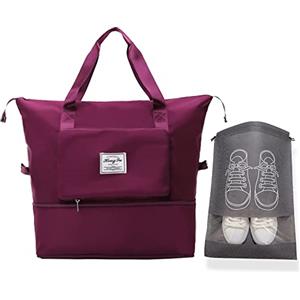 PINC® Borsone da Viaggio Pieghevole, Borsone Palestra, Borsa Sportiva Tote Gym, Borsa a Mare impermeabile, Borsone Grande Capacità per uomo e donna (Viola) + Sacchetto Portascarpe (Grigio)