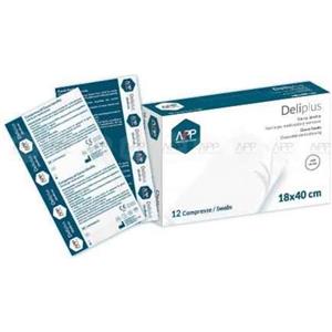 DELIPLUS Garza Idrofila Sterile 18x40 cm - 12 Pezzi in Puro Cotone per Ferite e Lesioni Cutanee
