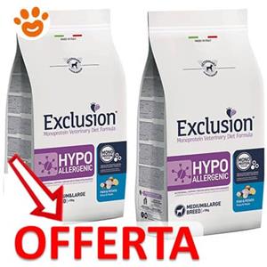 Exclusion Dog Hypoallergenic Medium Adult Large Breed Pesce e Patate - Offerta [PREZZO A CONFEZIONE] Quantità Minima 2, Sacco Da 12 Kg