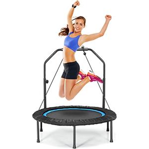 KOMFOTTEU Tappeto Elastico 2 in 1 Ø101 cm, Trampolino Elastico Fitness da Interno e Esterno con Manico Regolabile in Altezza e 2 Fasce di Resistenza, Mini Trampolino Pieghevole fino a 150 kg, Nero+Blu