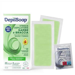 Depilsoap® - Strisce Depilatorie Corpo Per Pelli Normali - 20 Strisce Depilatorie Braccia E Gambe E 4 Salviettine Post-Depilazione - Nuova Formula Arricchita Con Olio Di Avocado E Olio Di Jojoba