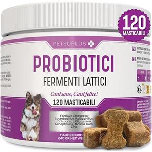 PETSUPLUS Probiotici per Cani - Fermenti Lattici Cane - 120 masticabili - Ripristina la Flora Intestinale, Protegge il Sistema Immunitario e previene Malattie - Combatte Diarrea, Gas, Vomito