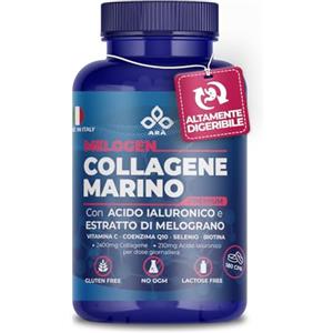 ARÀ Collagene Marino Idrolizzato Con Acido Ialuronico ARÀ®, 2400mg Collagene, 210mg Acido Ialuronico,180 CPR con Vitamina C, Coenzima Q10, Selenio e Biotina-MELOGEN