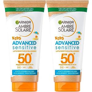 Garnier Ambre Solaire Kids Advanced Sensitive SPF 50+ Latte Solare Protezione Molto Alta Bimbi Ipoallergenico - 2 Flaconi da 50ml