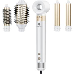 webeauty [5 in 1] Phon Capelli & Hair Styler, 110,000 GIRI/MIN, 20M/S, 1400W Asciugacapelli ad Alta Velocità, 200 Milioni di Ioni Hair Dryer con Spazzola Asciugacapelli e Air Arricciacapelli, Bianco