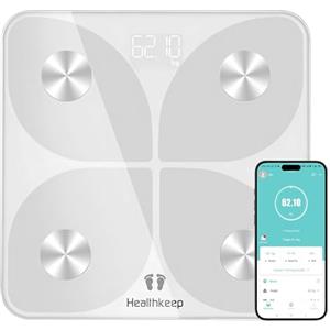 Healthkeep Bilancia Pesapersone Digitale con Bluetooth e App - Misura Peso Corporeo, BMI, Proteine, Massa Grassa, Muscolare e Ossea, Bianco