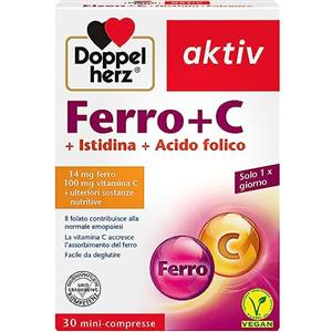 Doppelherz Ferro + Vitamina C - 30 Compresse con Acido Folico, Vitamina B12 e L-Istidina - 14 mg Ferro - Integratore Alimentare in Mini Compresse - Vegan - Doppelherz
