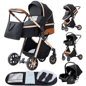 YAZOCO Passeggino 3 in 1 Trio Carrozzina Multifunzionale Carrozzina Ovetto Pieghevole Set Passeggino Neonato Sedili Parapiedi Zanzariere Vista Dall'Alto (Nero)