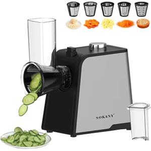 SOKANY 1000W Grattuggia Elettrica, Affetta Insalata con 5 inserti extra-affilati, Tritatutto Per Verdura e Frutta per Grosso, Fine, Affettato, Tritato, Facile da Pulire (SK-06018)