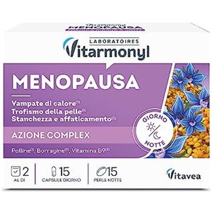 Vitarmonyl Menopausa - Integratore Alimentare con Polline, Borragine, Vitamina B9 - Contro le Vampate di Calore, il Trofismo della Pelle - Favorisce il Sonno - 15 Capsule Giorno e 15 Perle Notte - Vitarmonyl