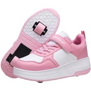 ENEN Scarpe con rotelle per ragazzi e ragazze, scarpe da ginnastica outdoor con rotelle Retrattile, scarpe con rotelle per bambini, scarpe da ginnastica 2-in-1 con 2 ruote, rosa/bianco, 40 EU